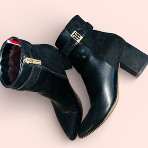 Authentic Tommy Hilfiger Black Heeled Boots with Gold Accent